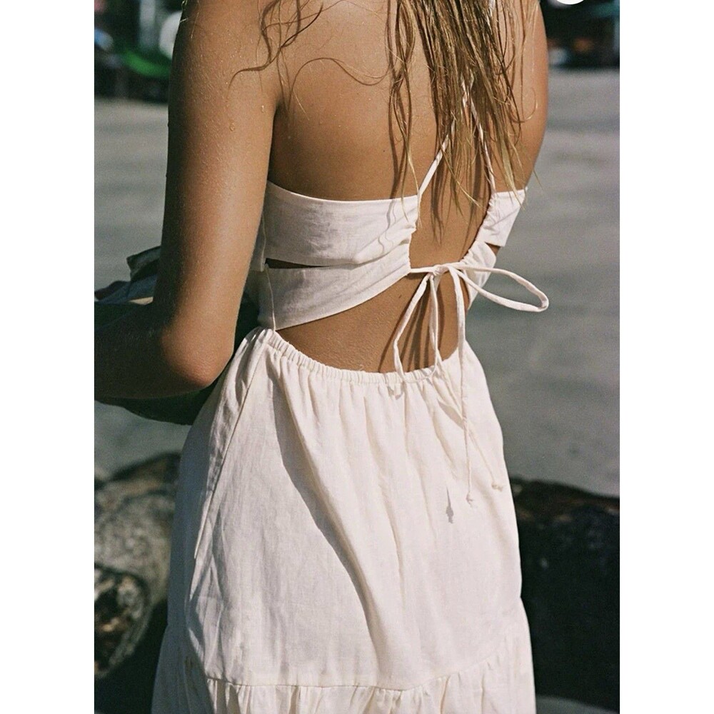 ROVE Joie Midi White Linen Cotton Square Neck Tie Back Strappy Midi Sundress L